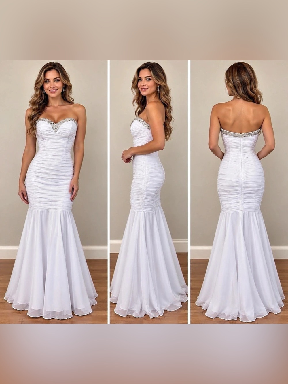 White Mermaid Wedding Prom Dress Rhinestone Strapless Ruched Size S 2-4